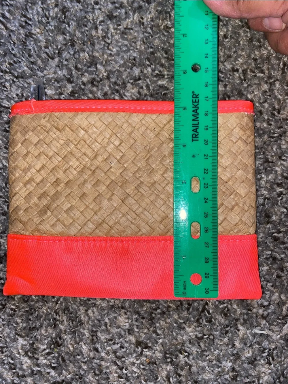 Sephora summer woven straw and coral makeup bag